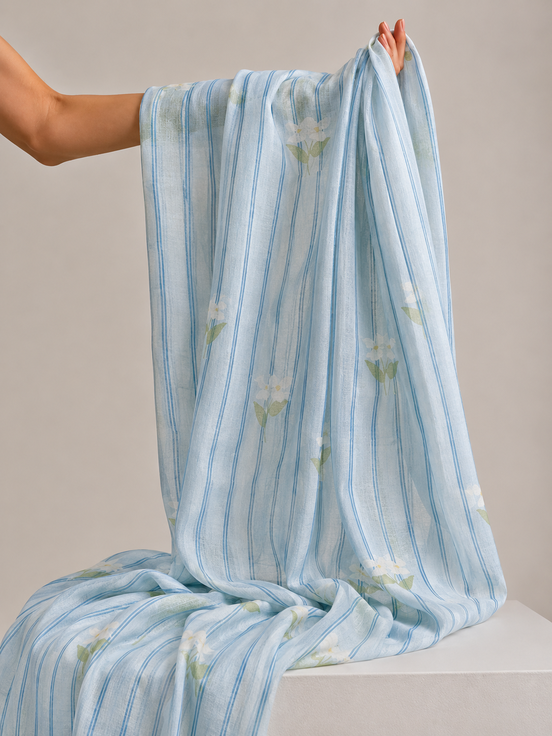 Blue Stripe Floral Mul Cotton Printed Fabric
