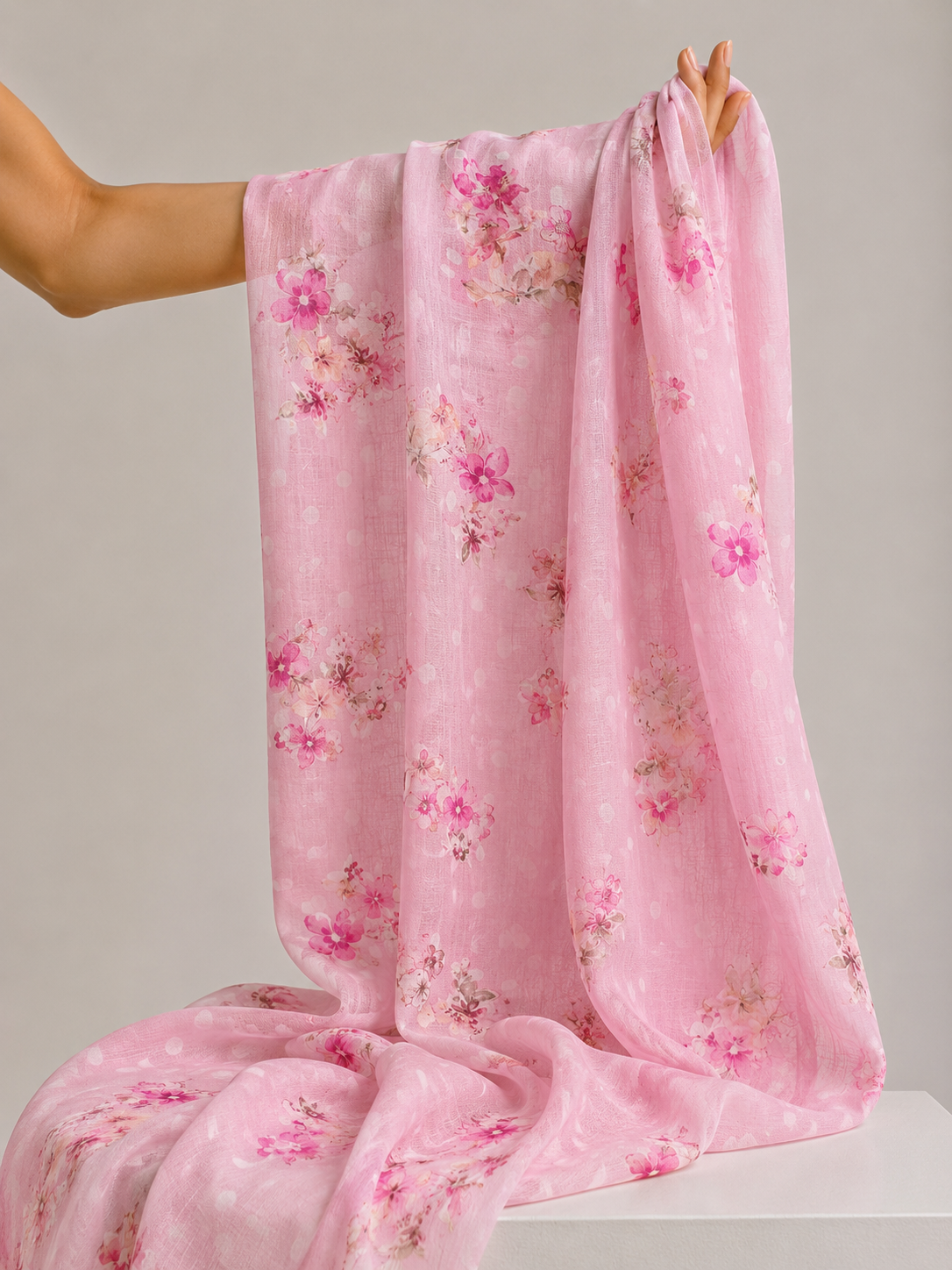 Pink Floral Polka Mul Prints Fabric