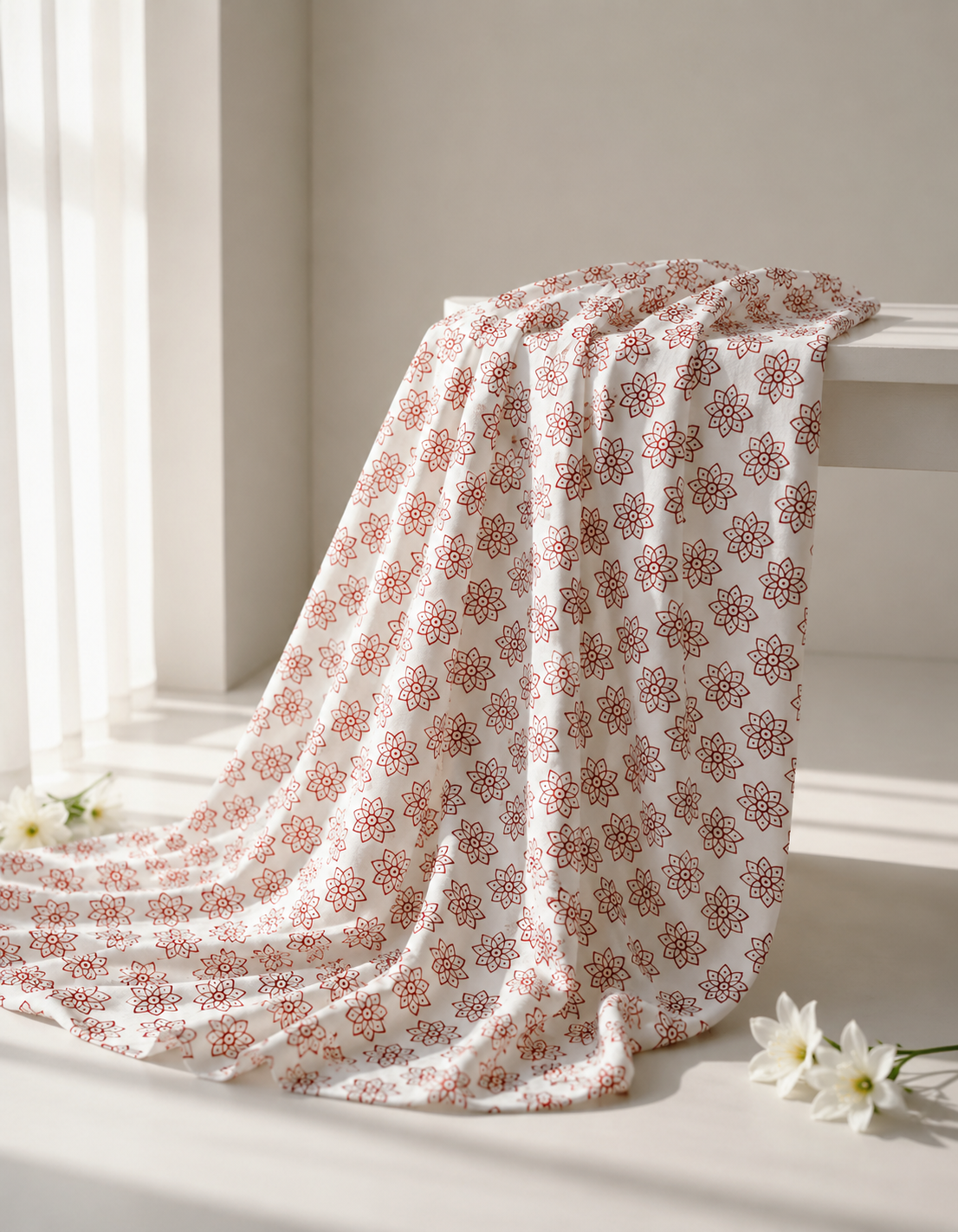 Pure Chanderi Silk Fabric With Red Hand Block Prints