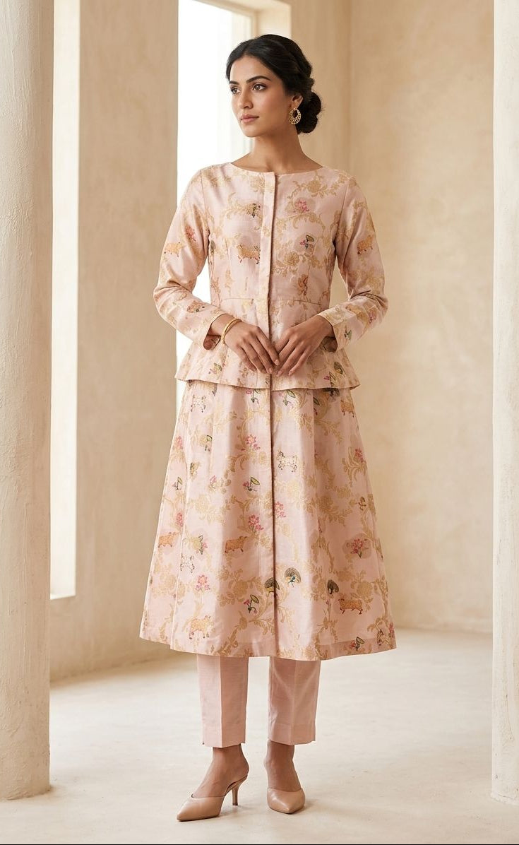 Blush Pink Soft Silk with Pichhwai Pattern