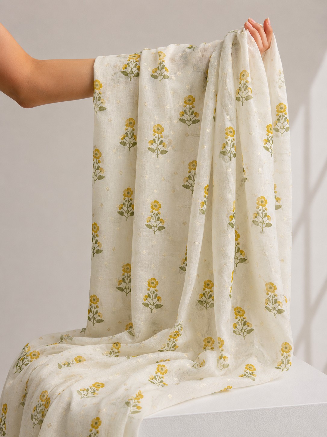 Ivory & Yellow Floral Mul Weaving Fabric