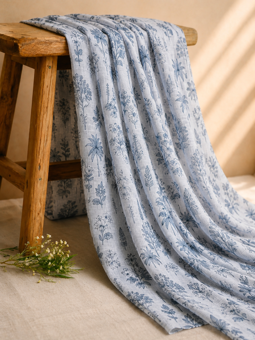Off-White Linen Printed Fabric with Botanical Garden Motifs