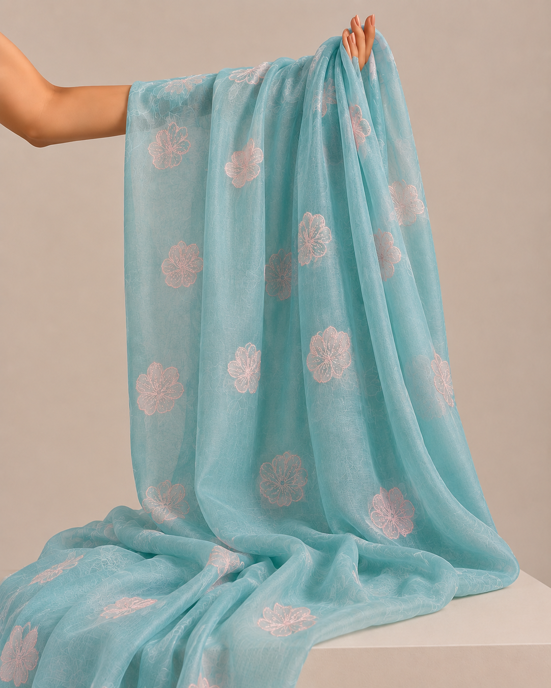 Aqua Blue Mul Fabric Floral Embroidered Motif