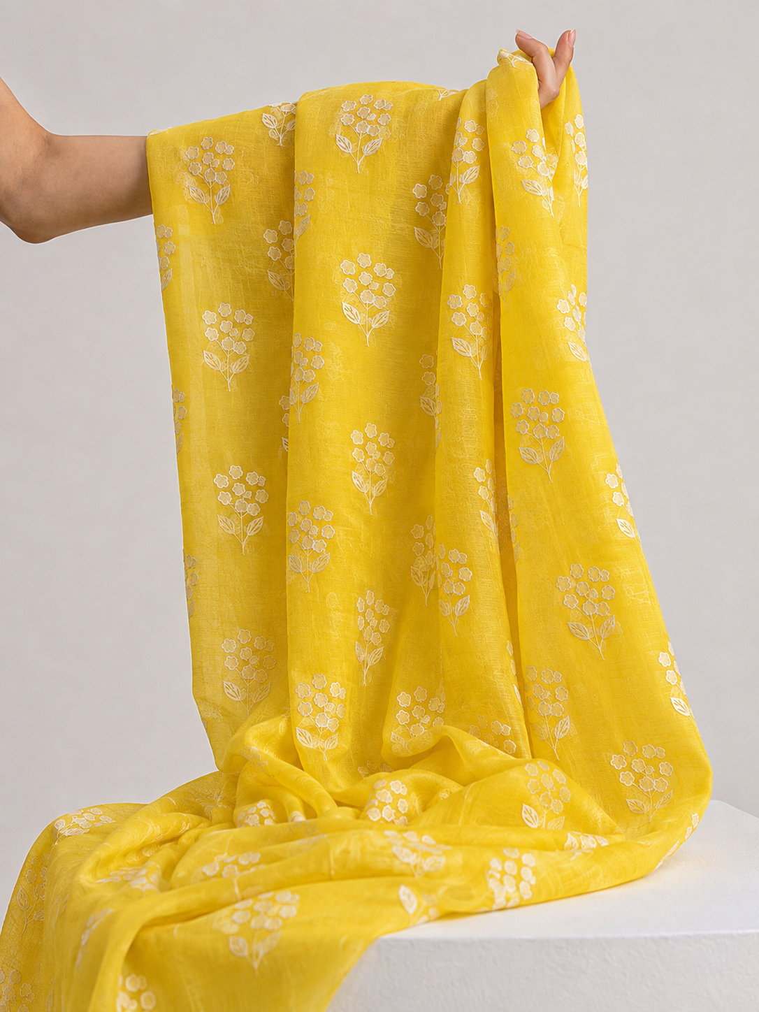 Yellow Mul Fabric With White Appliqué Work