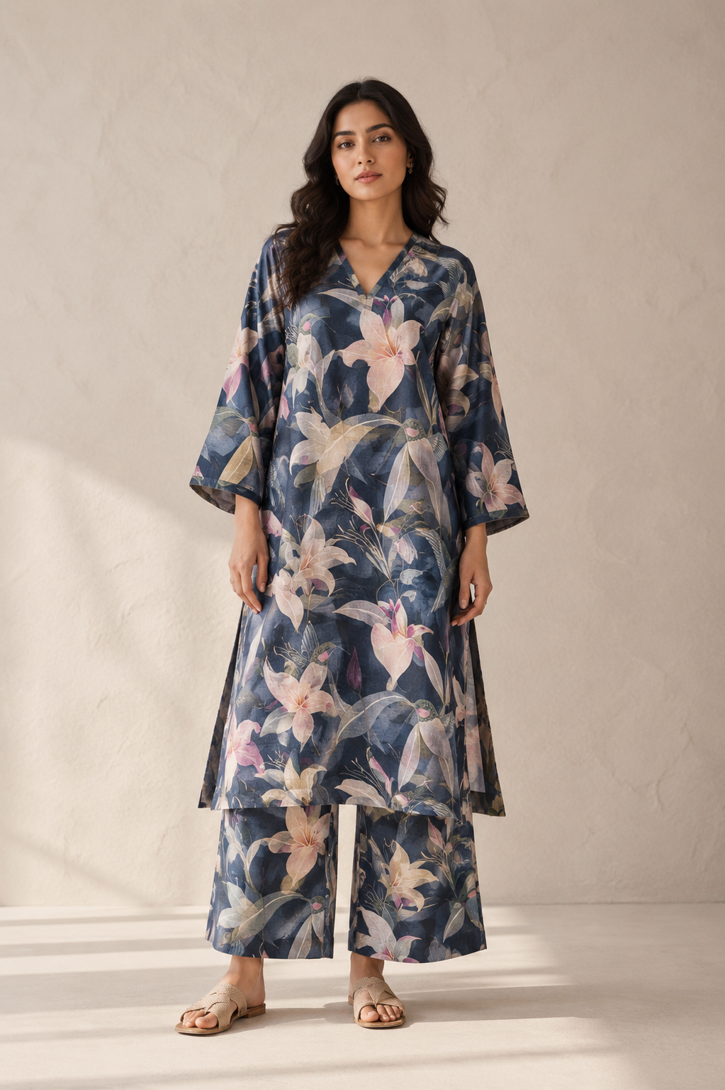 Navy Blue Tussar Kalamkari Printed Fabric