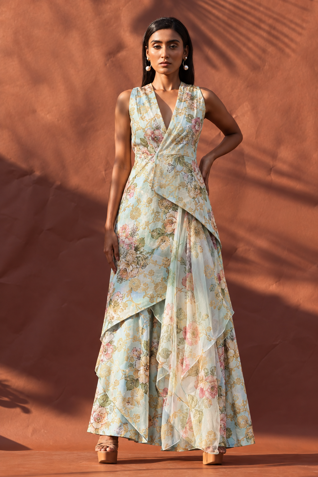 Pastel Mint Pure Soft Silk Fabric With Floral Pattern