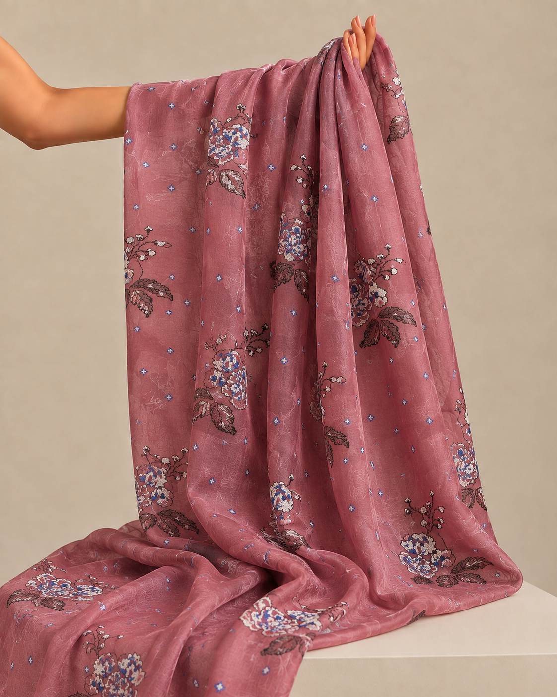 Dusty Rose Mul Fabric Floral Bouquet Embroidered Motif