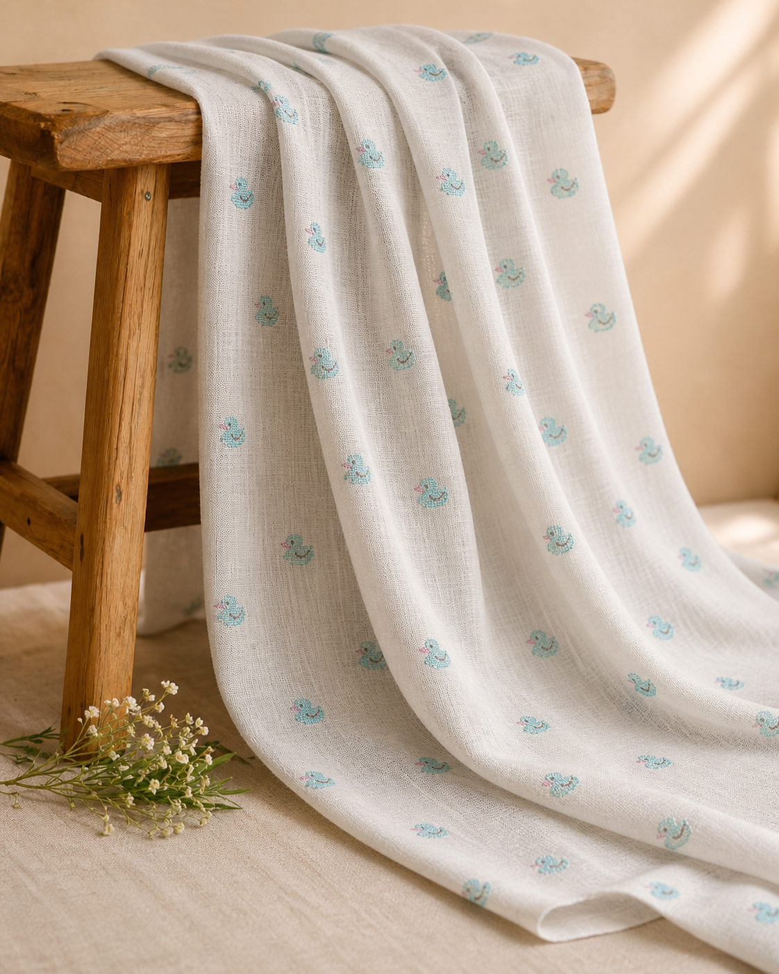 White Linen Fabric With Duck Embroidery