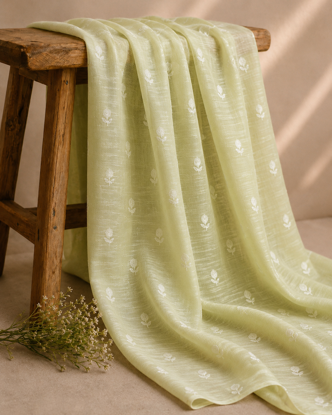 Pastel Green Silk Linen Fabric With Flower Embroidery