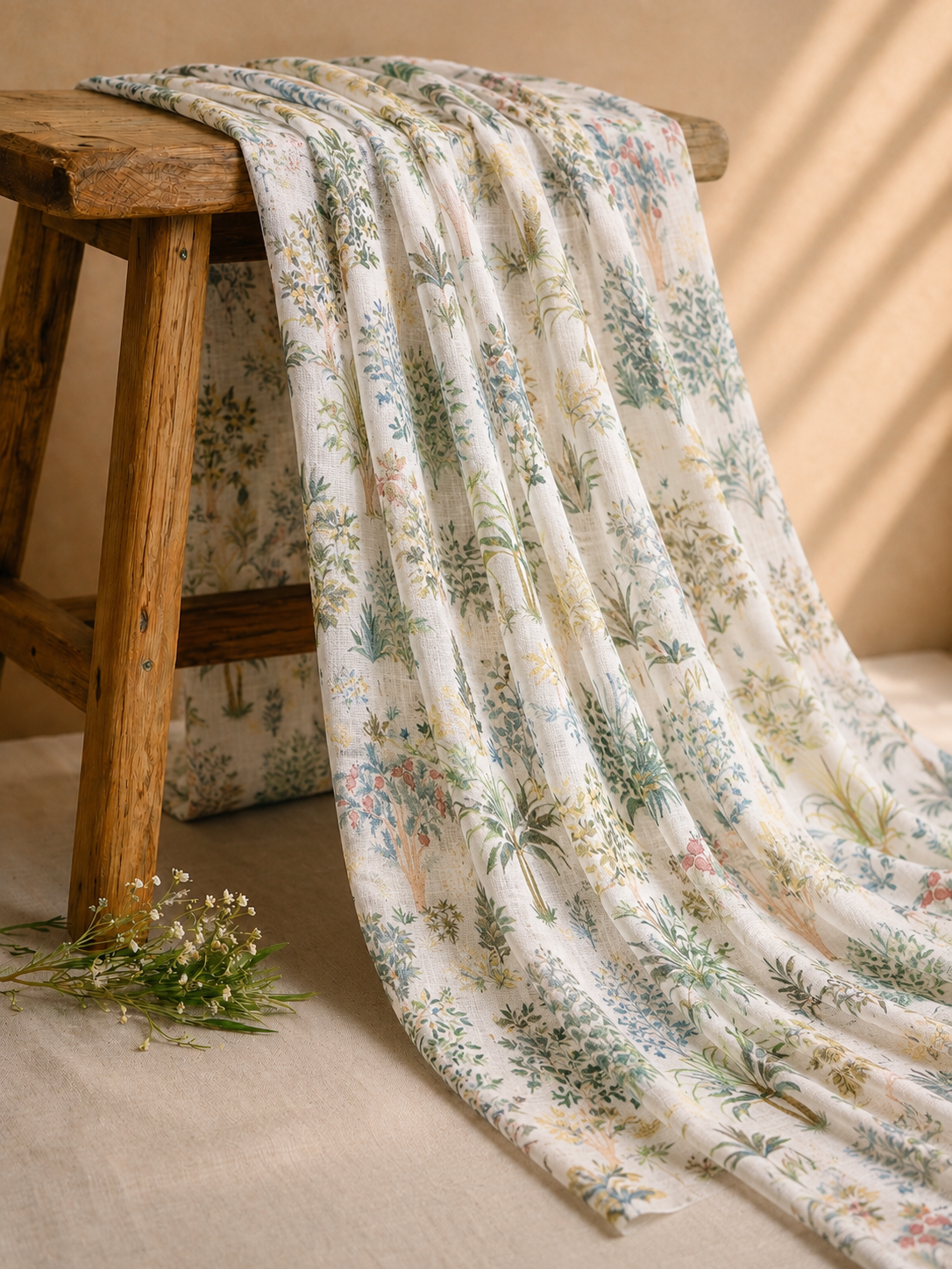 White Linen Printed Fabric with Tropical Botanical Garden Motifs