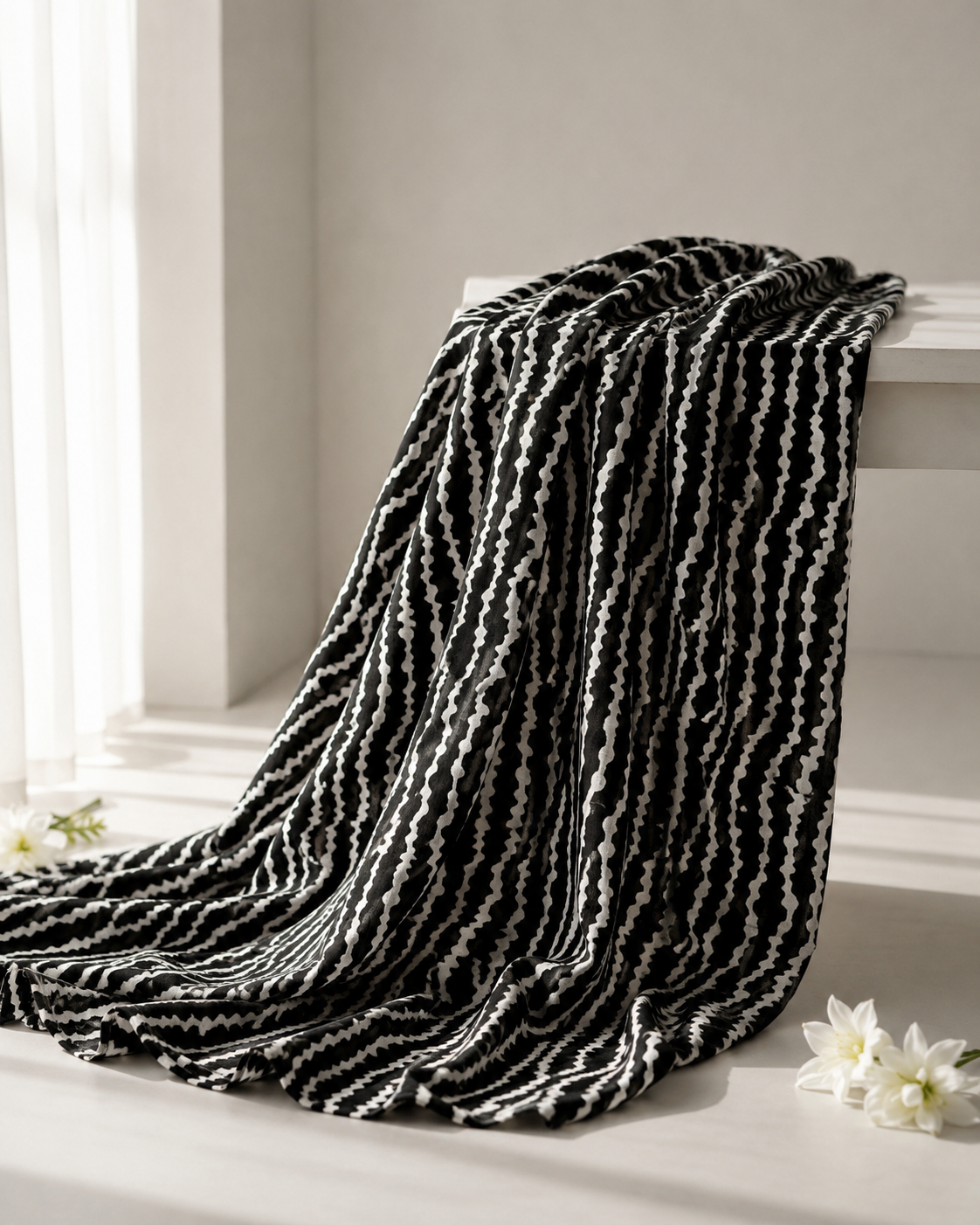 Pure Chanderi Silk Fabric With Black Hand Block Prints
