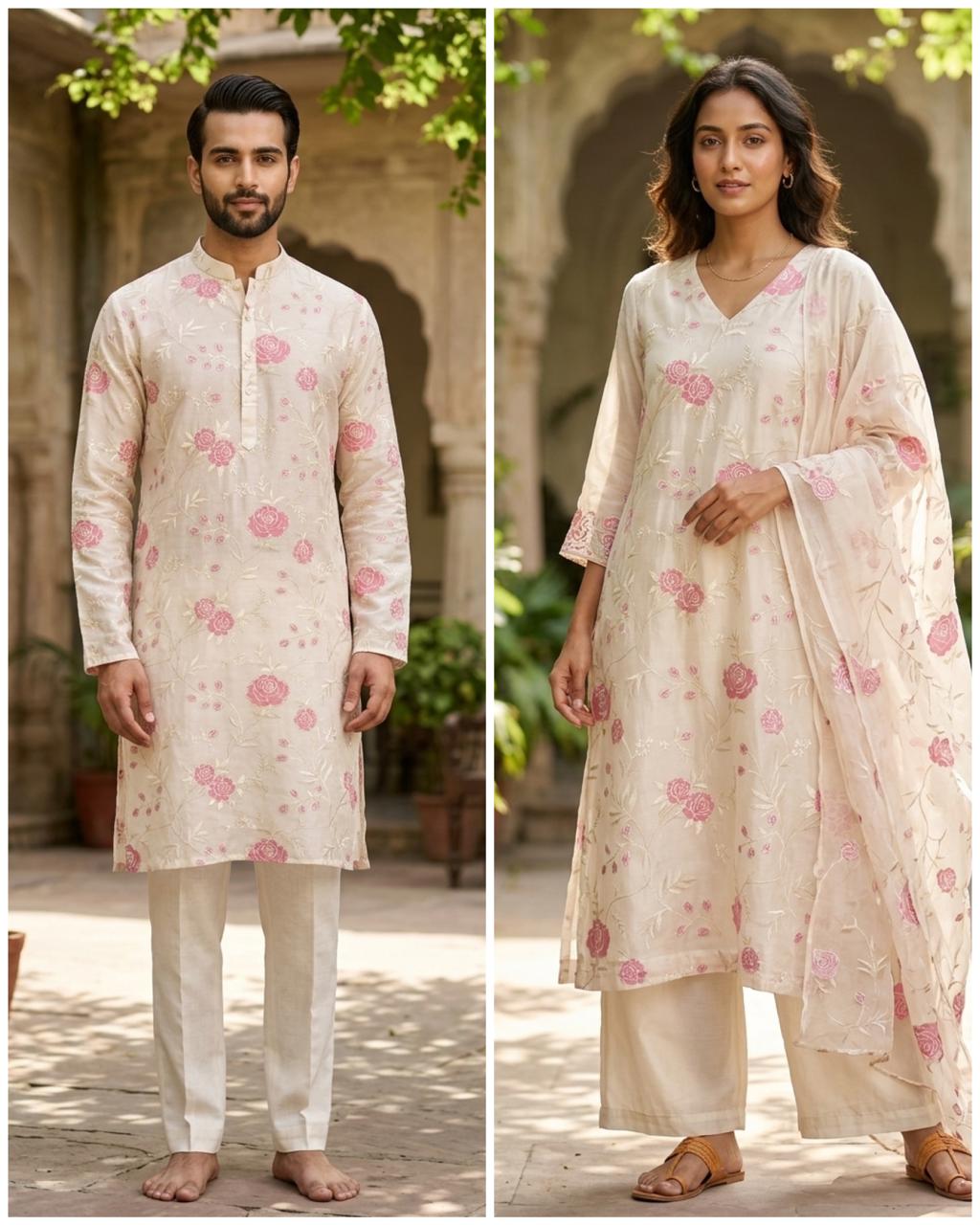 Mul Fabric With Rose Pink Appliqué Work