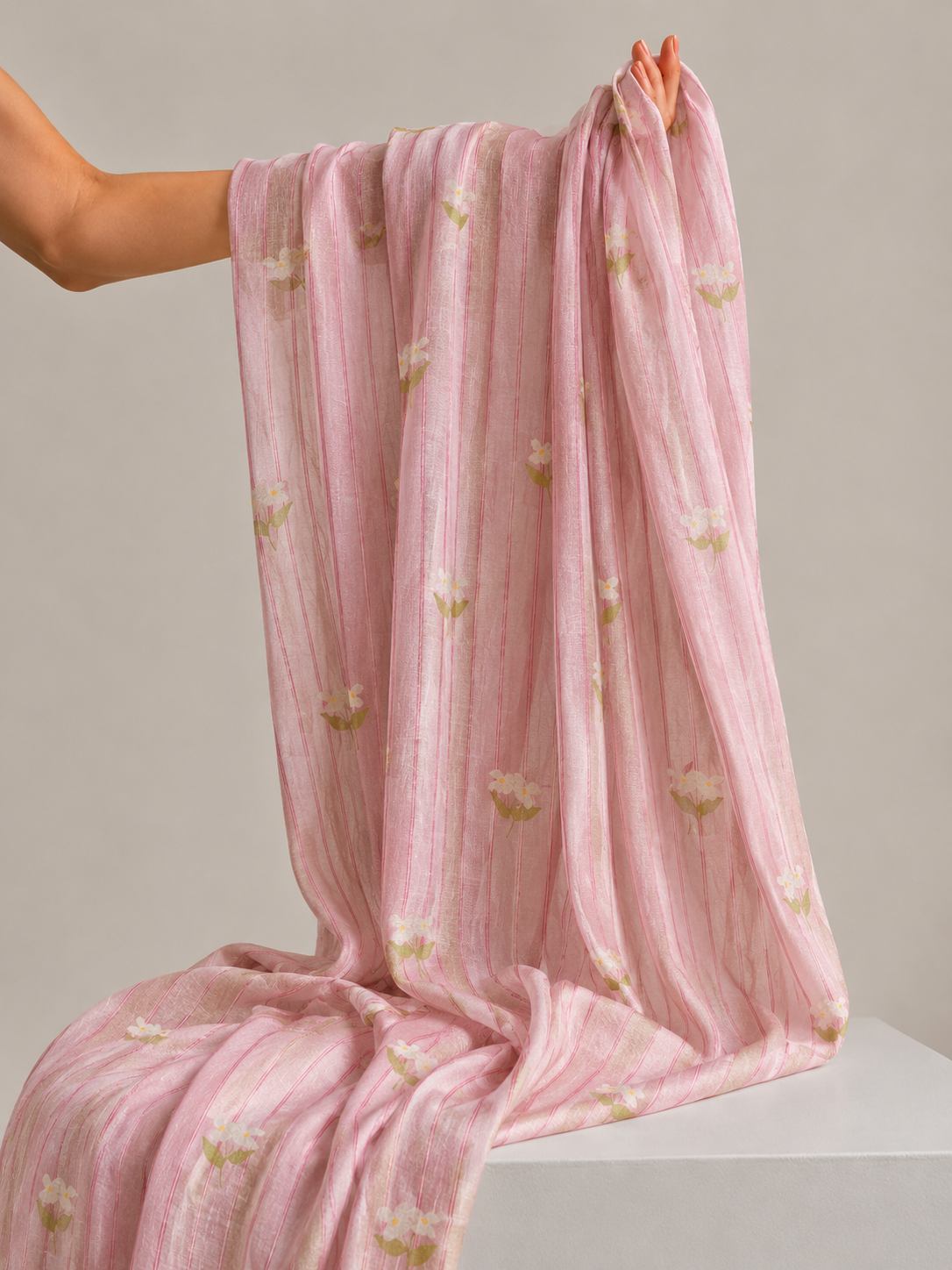 Pink Stripe Floral Mul Cotton Printed Fabric