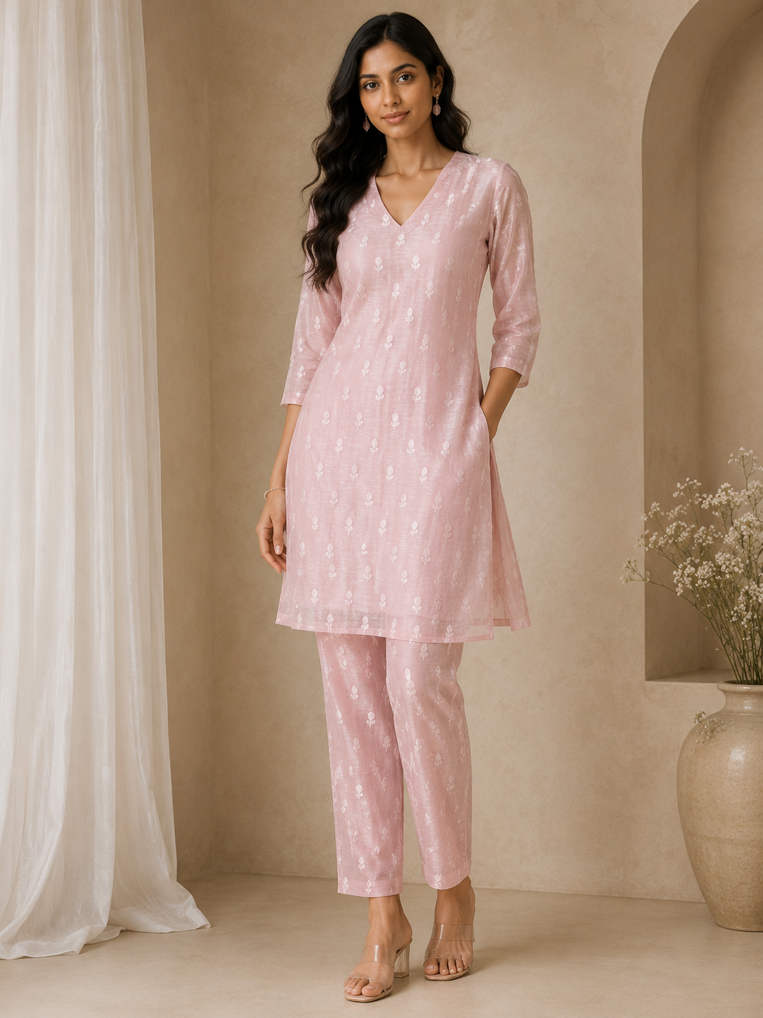Pastel Pink Silk Linen Fabric With Flower Embroidery