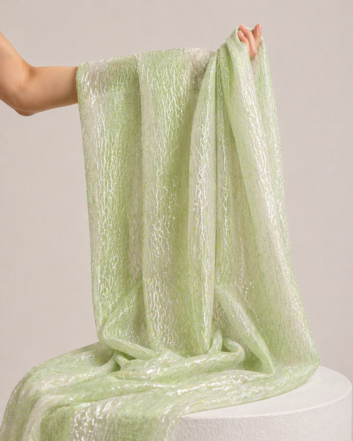 Pastel Green Rangkaat Dye Pure Mul Cotton Fabric With Sequin Embroidery