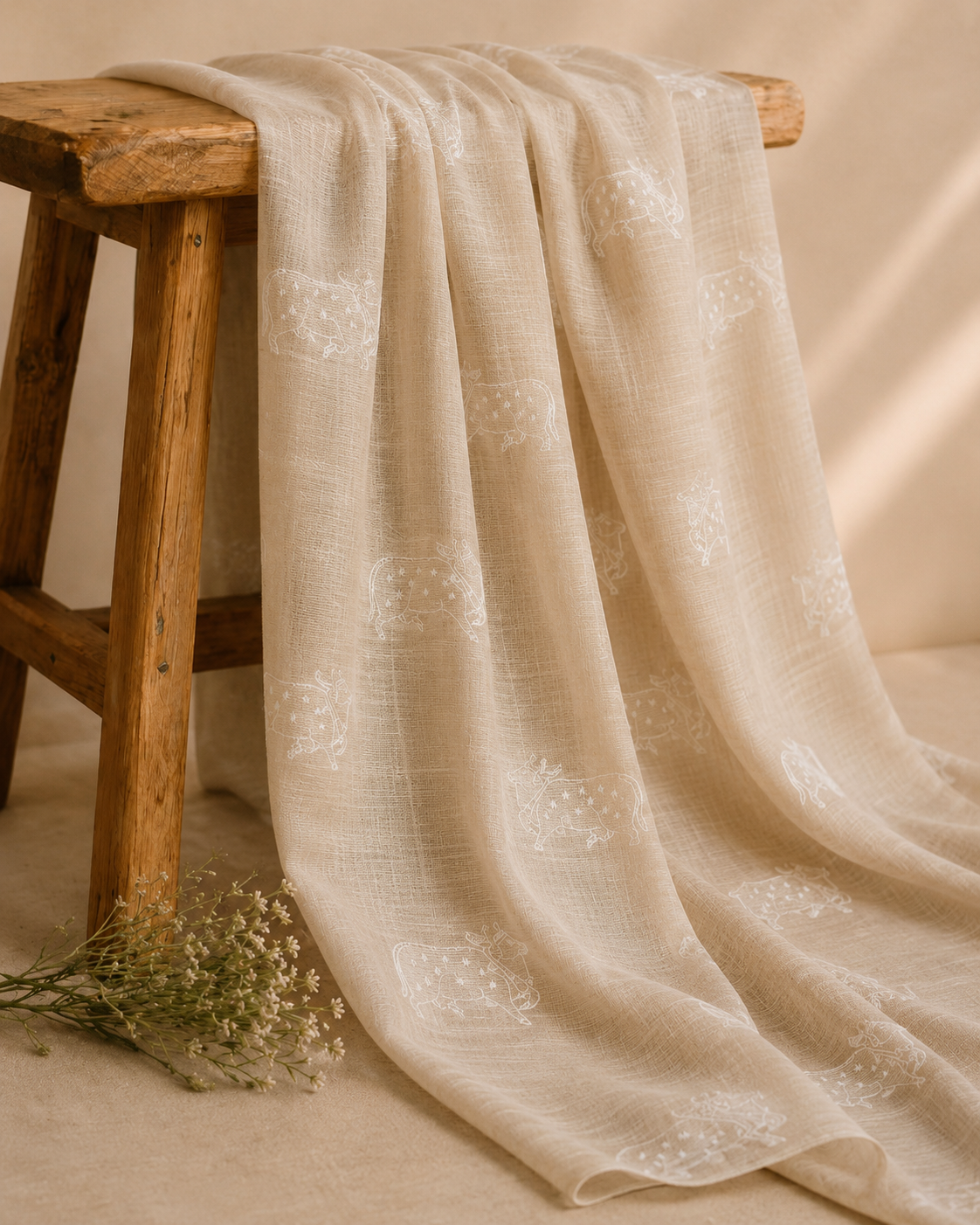 Tussar Beige Silk Linen Fabric With Nandi Embroidery