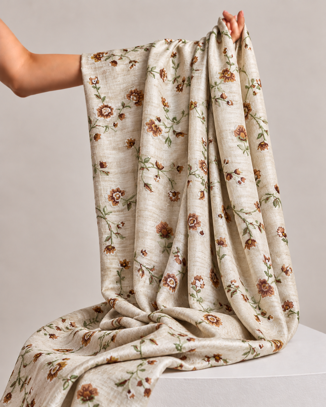 Ivory-Beige Pure Tussar Natural Floral Embroidered Fabric