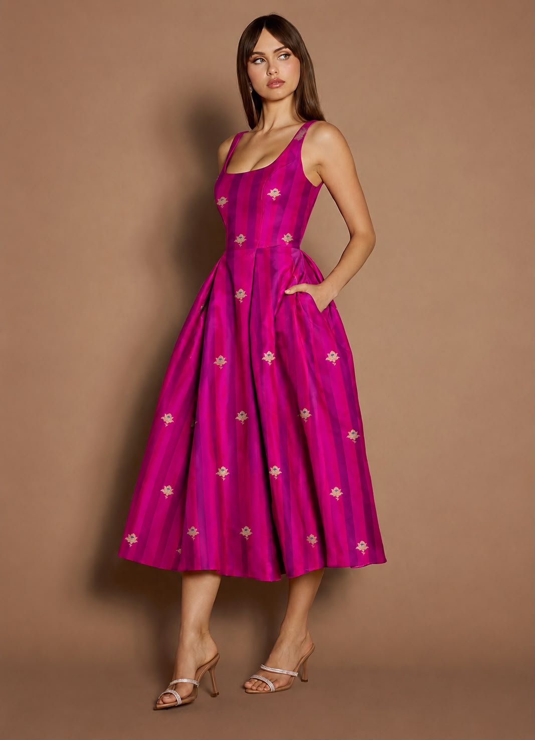 Rani Pink Pure Katan Silk Fabric Rangkaat Stripes With Kadhwa Floral Boota