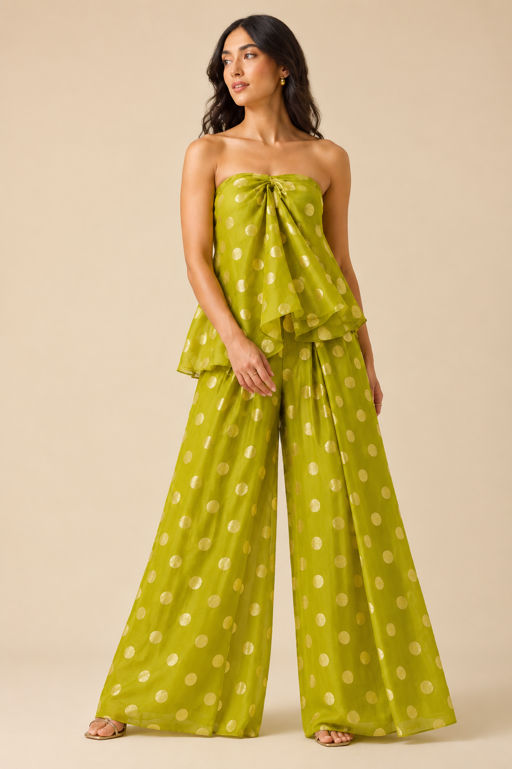 Lime Green Pure Georgette Fabric with Polka Dots
