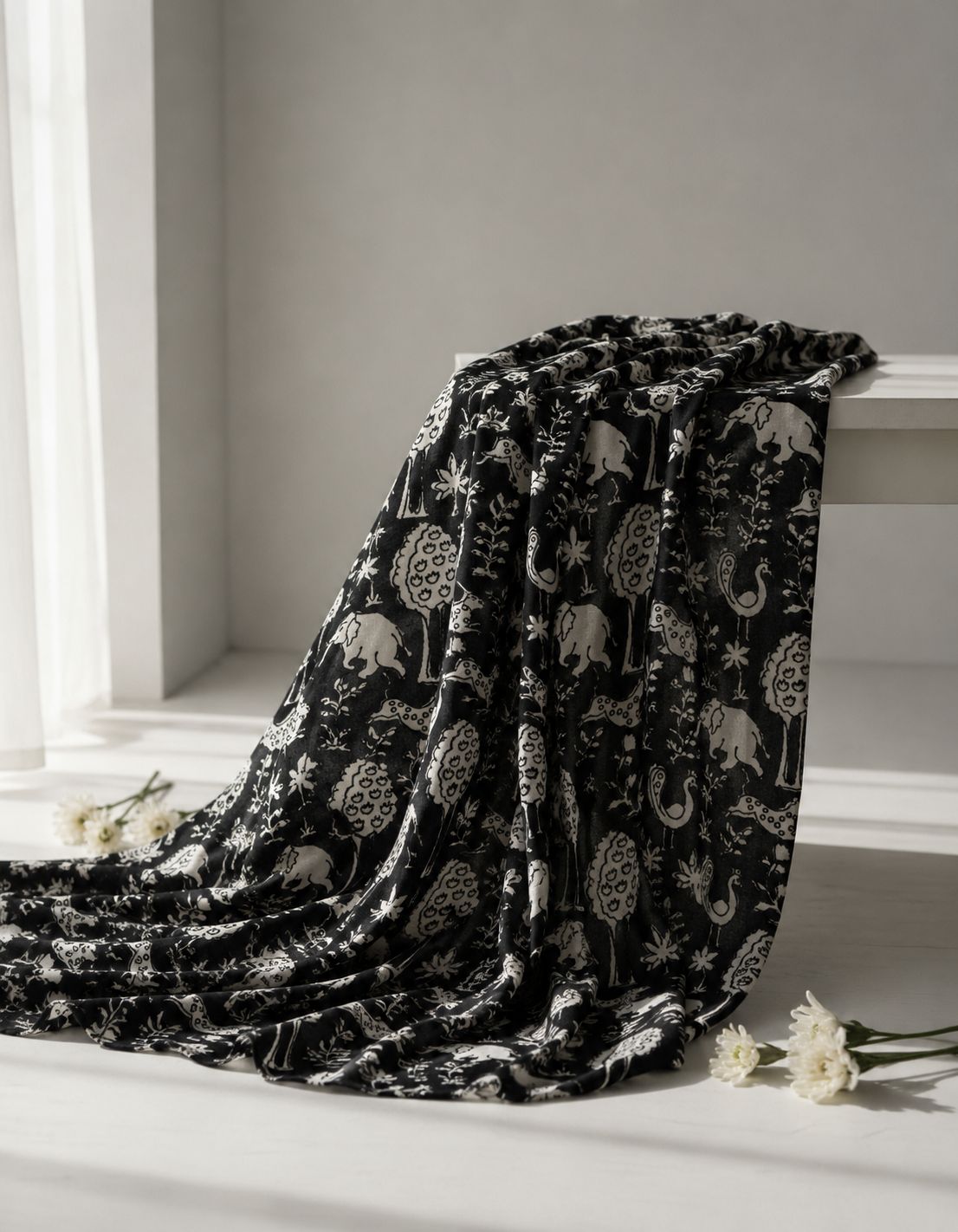 Black Chanderi Silk Fabric With Hand Block Print