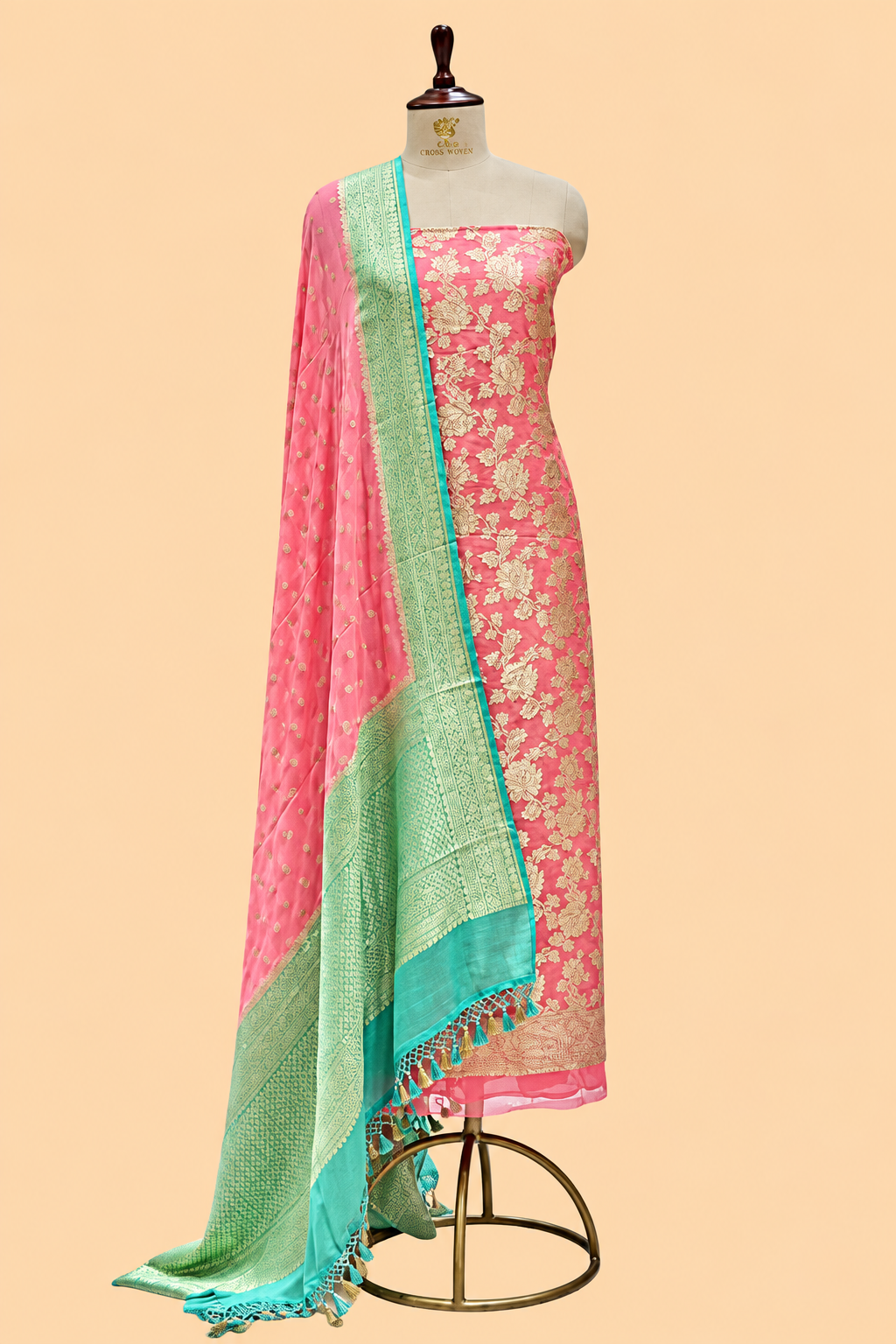 Peach Pure Georgette Suit Set with Contrast Border Dupatta