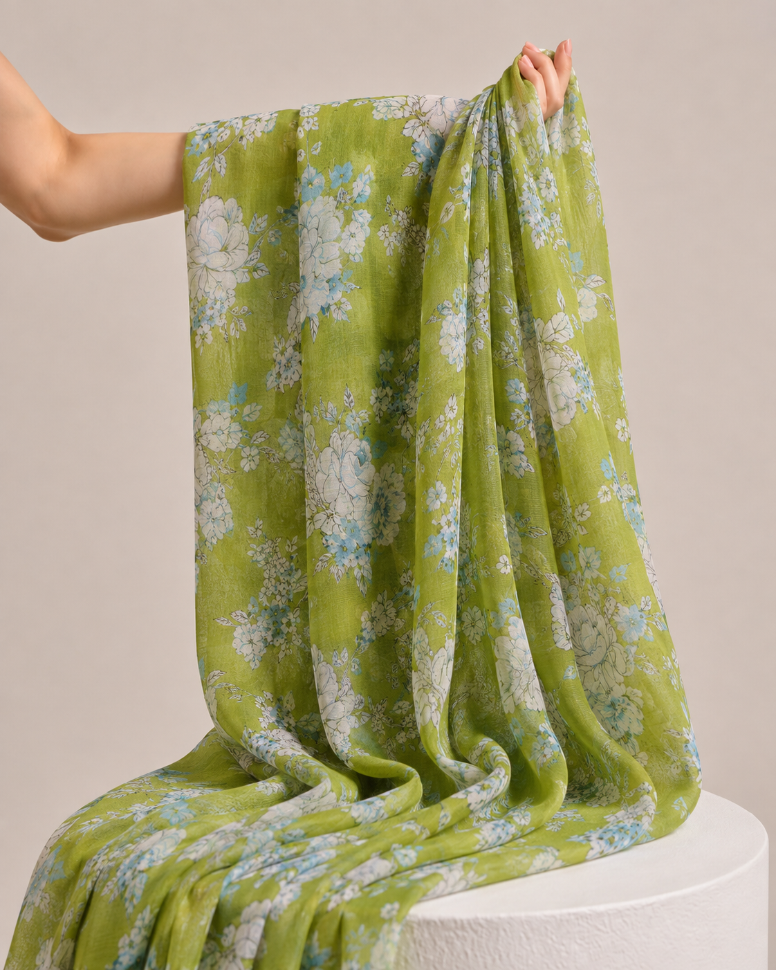 Olive Green Mul Floral Prints Fabric