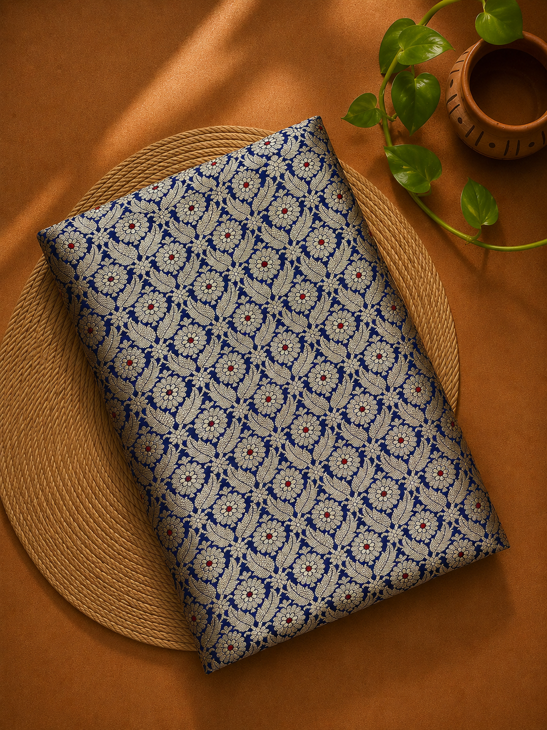 Deep Blue Meenakari Brocade Katan Silk Handloom Fabric