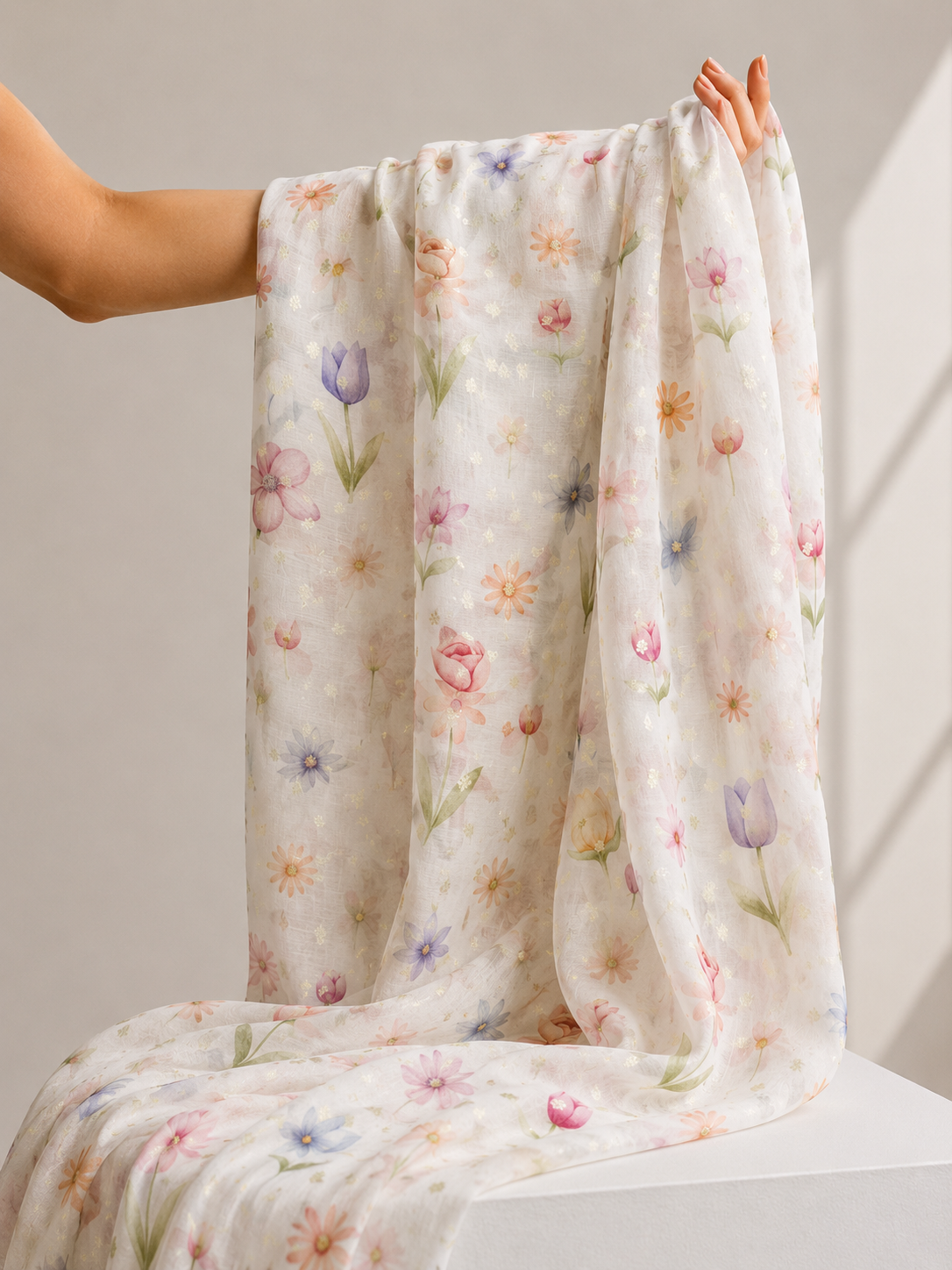 Ivory Floral Mul Weaving Fabric