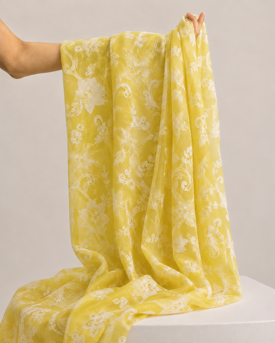 Yellow Mul Fabric With White Appliqué Work