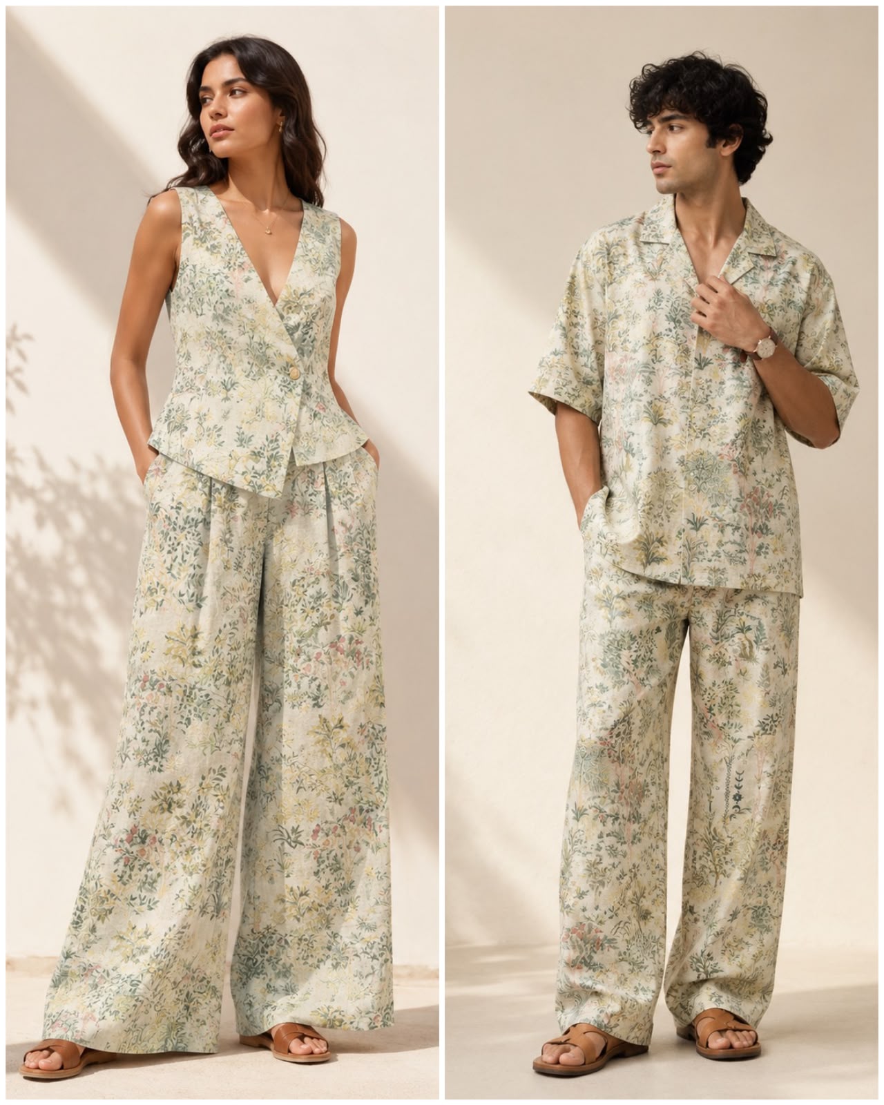 White Linen Printed Fabric with Tropical Botanical Garden Motifs