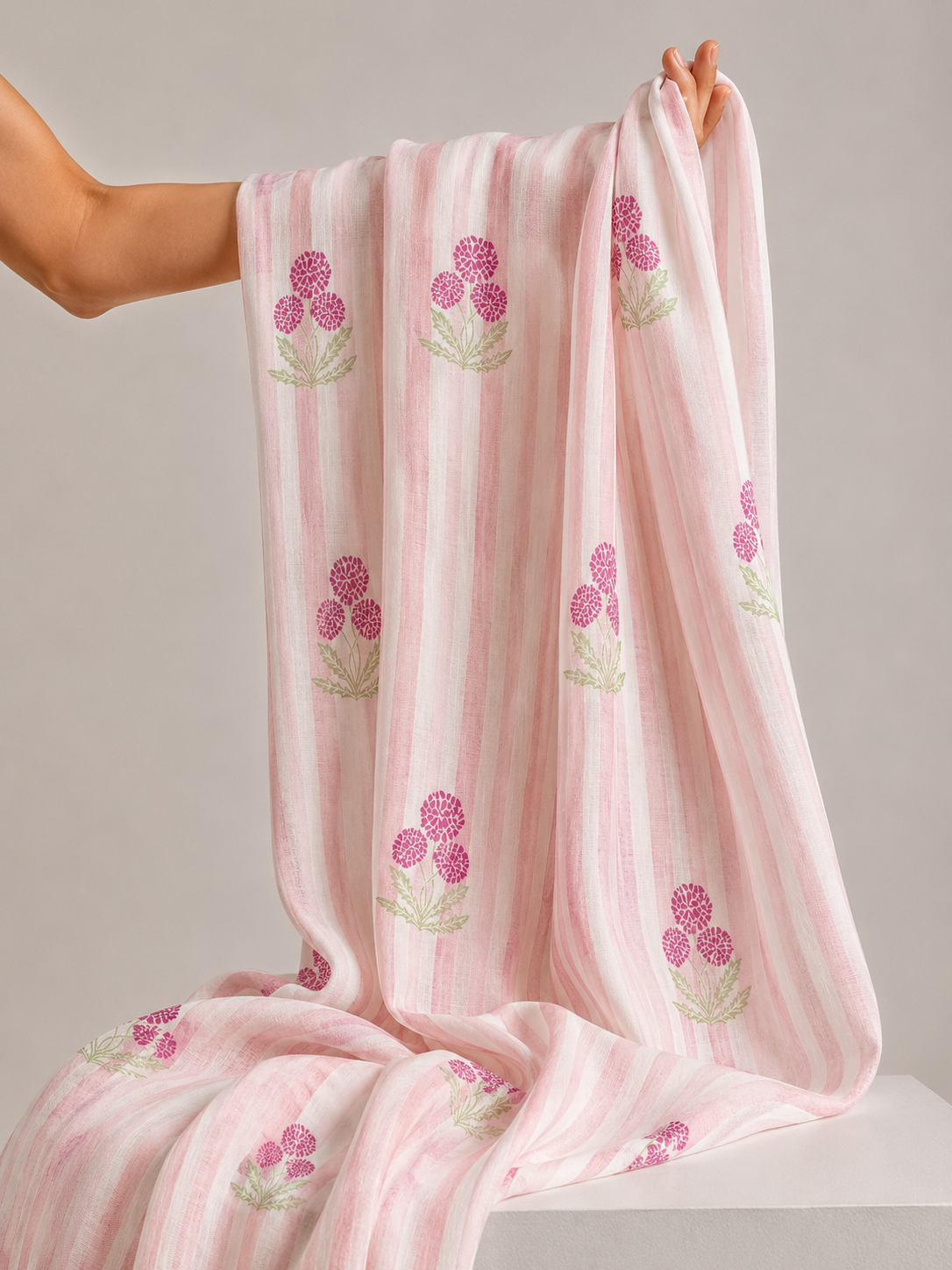 Pink Striped Floral Mul Prints Fabric