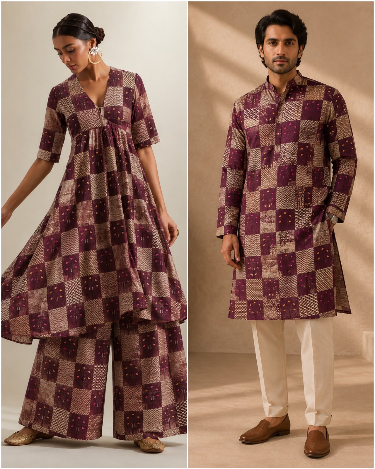 Wine Maroon Soft Silk Fabric with Meenakari Checkered Zari Weave