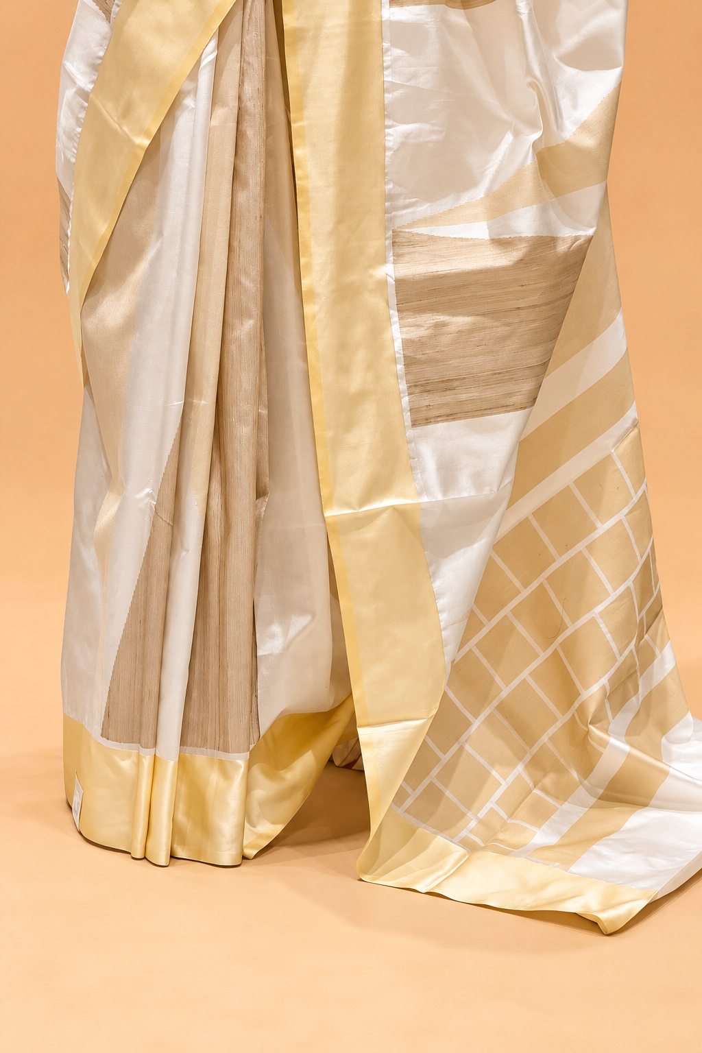 White Pure Silk Fusion Saree With Tusser Silk Panelss