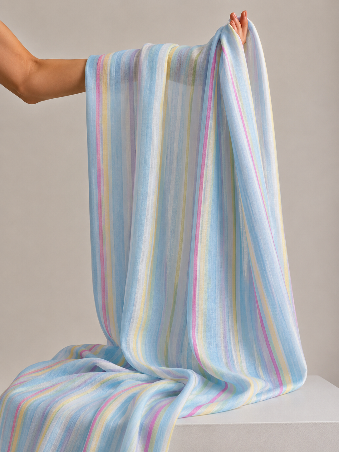 Sky Blue Pastel Stripe Mul Cotton Printed Fabric