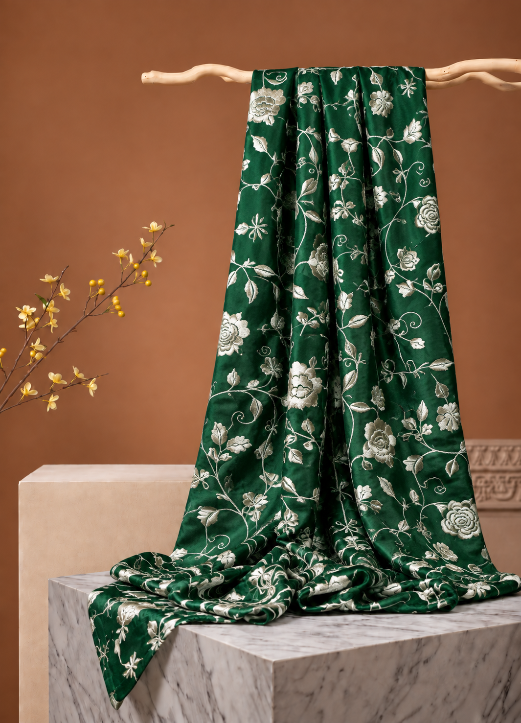 Emerald Green Muslin Fabric With Parsi Embroidery