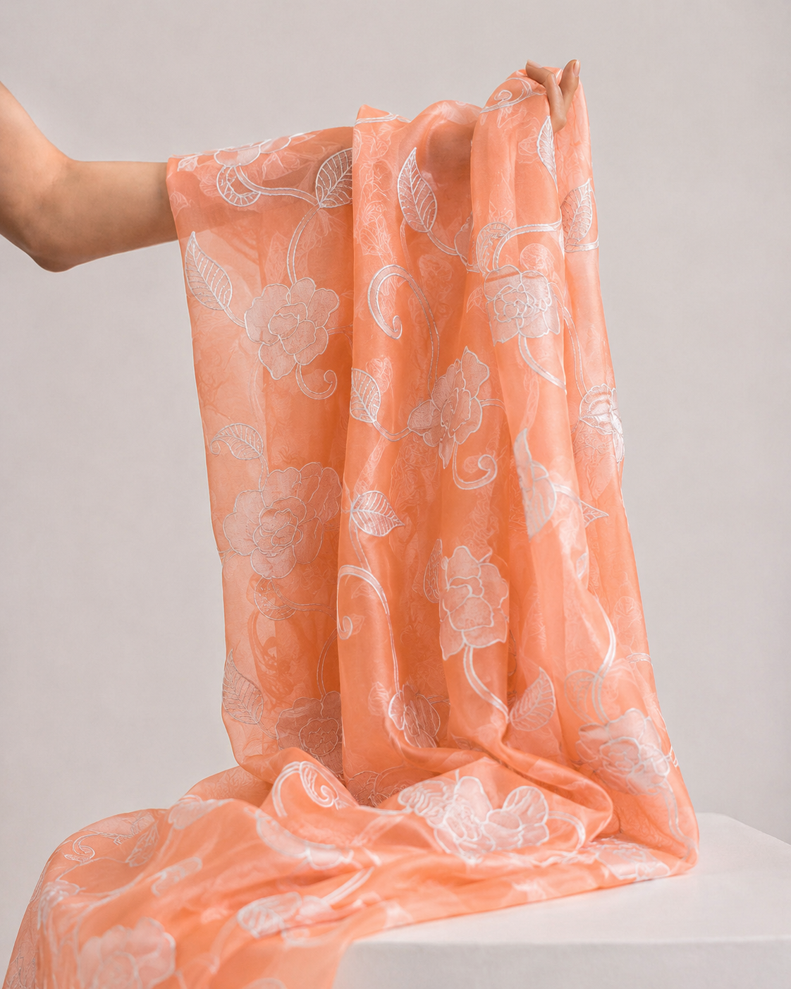 Orange Mul Fabric With White Appliqué Work