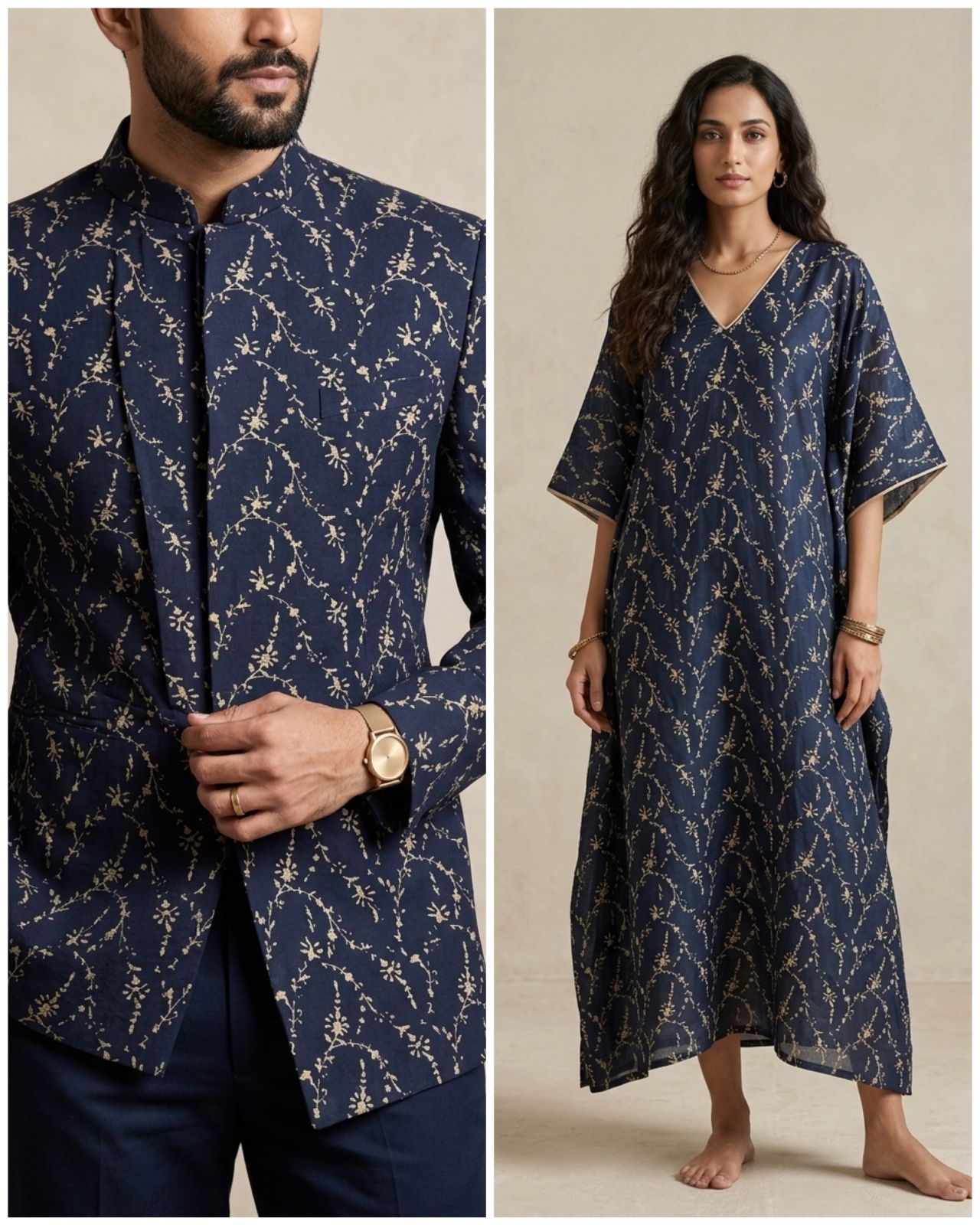 Indigo Floral Vine Jaal Chanderi Silk Fabric