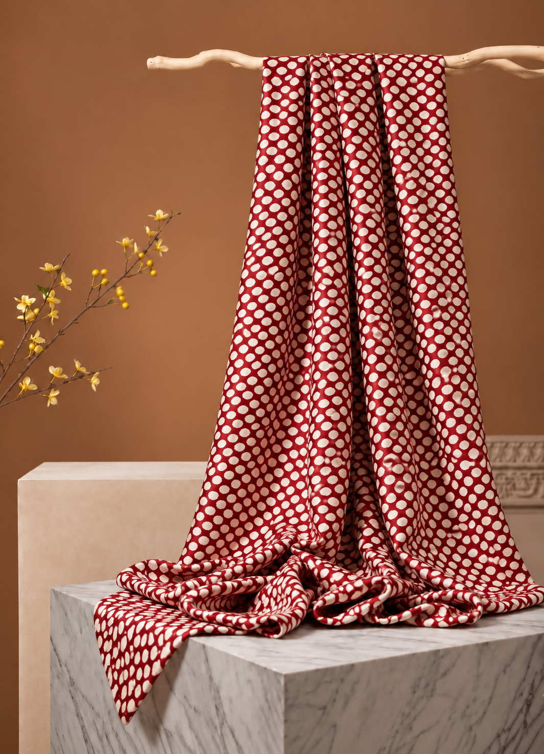 Red Muslin Silk Polka Block Print Fabric