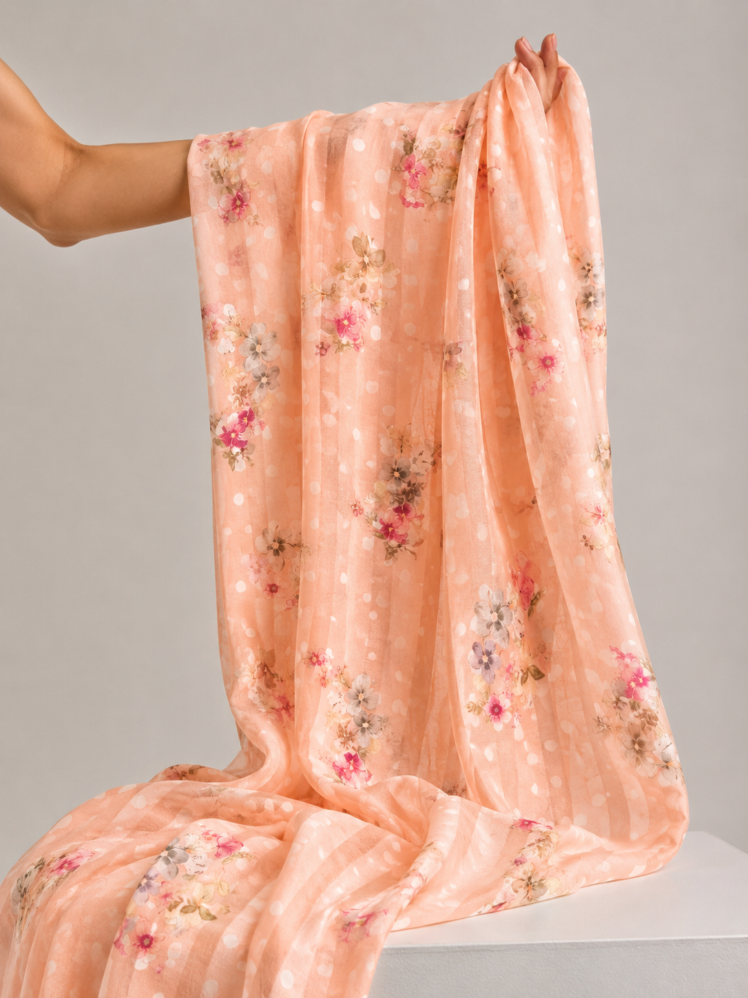 Peach Floral Polka Mul Prints Fabric