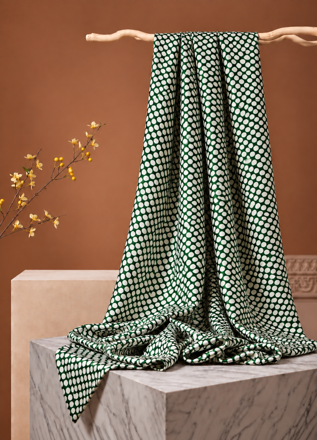 Green Muslin Silk Polka Block Print Fabric