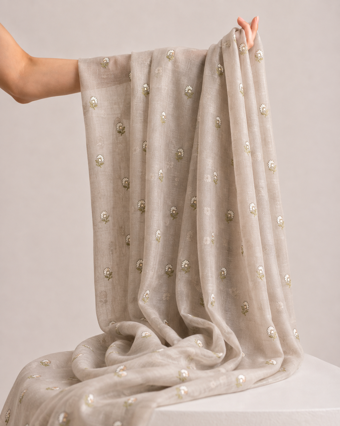 Grey Mul Fabric with Floral Embroidery