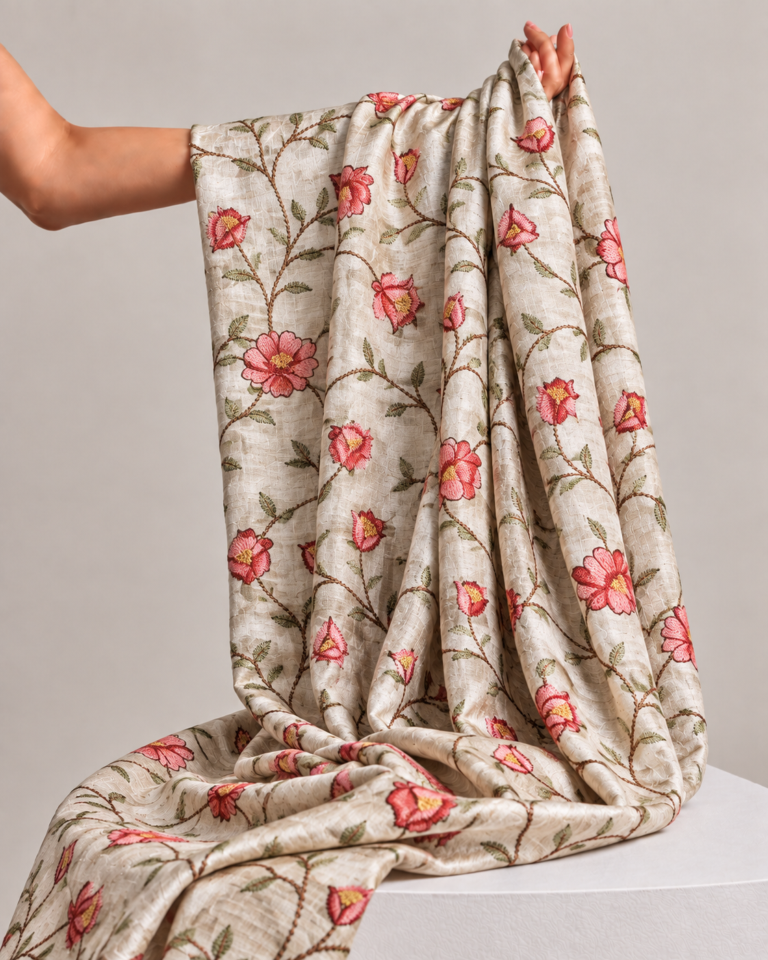 Ivory-Beige Pure Tussar Natural Floral Embroidered Fabric
