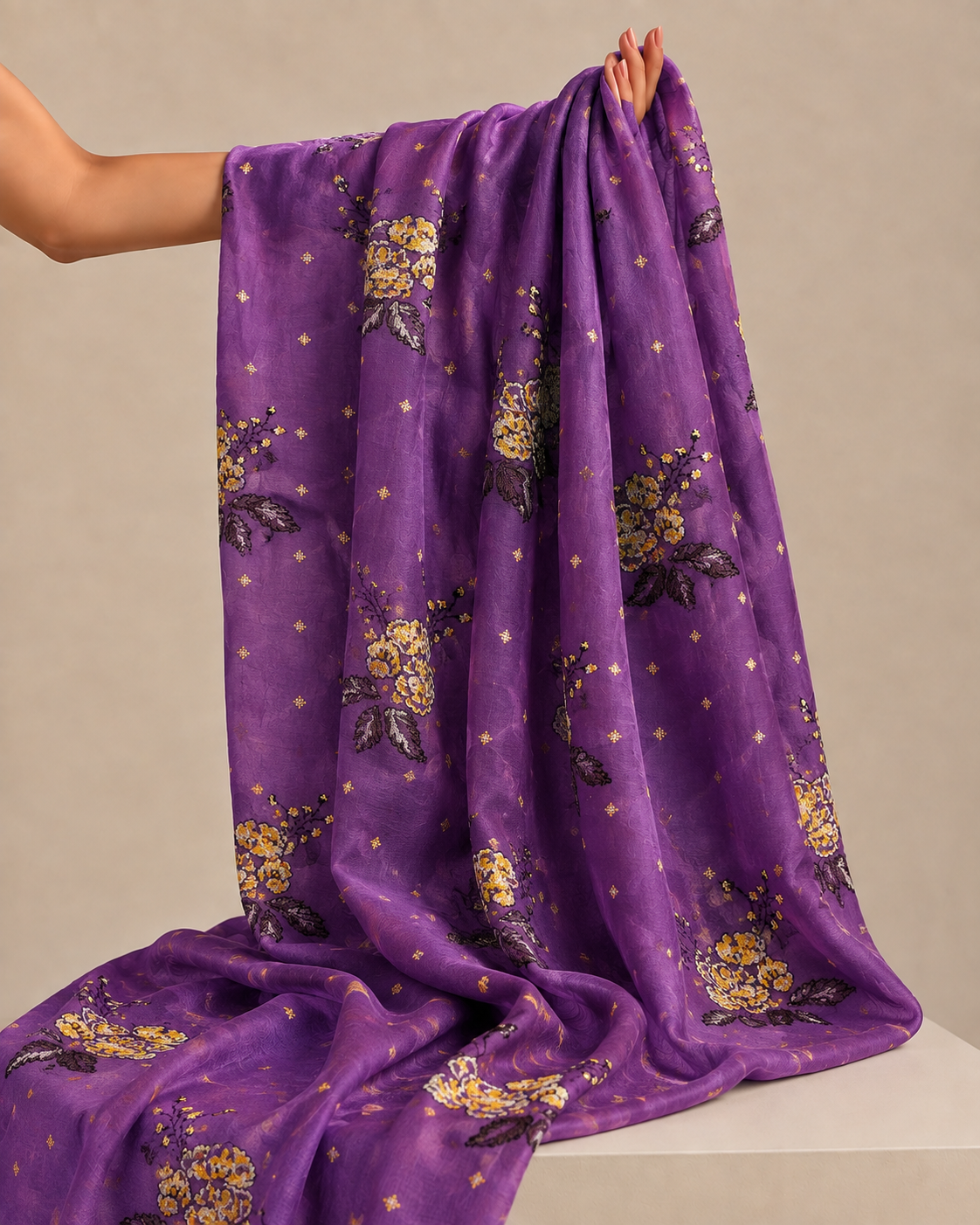 Deep Purple Mul Fabric Floral Bouquet Embroidered Motif