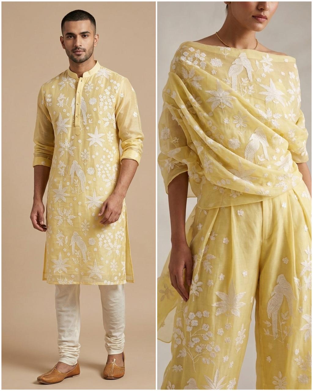 Lemon Yellow Mul Fabric with Parsi Gara Embroidered Pattern