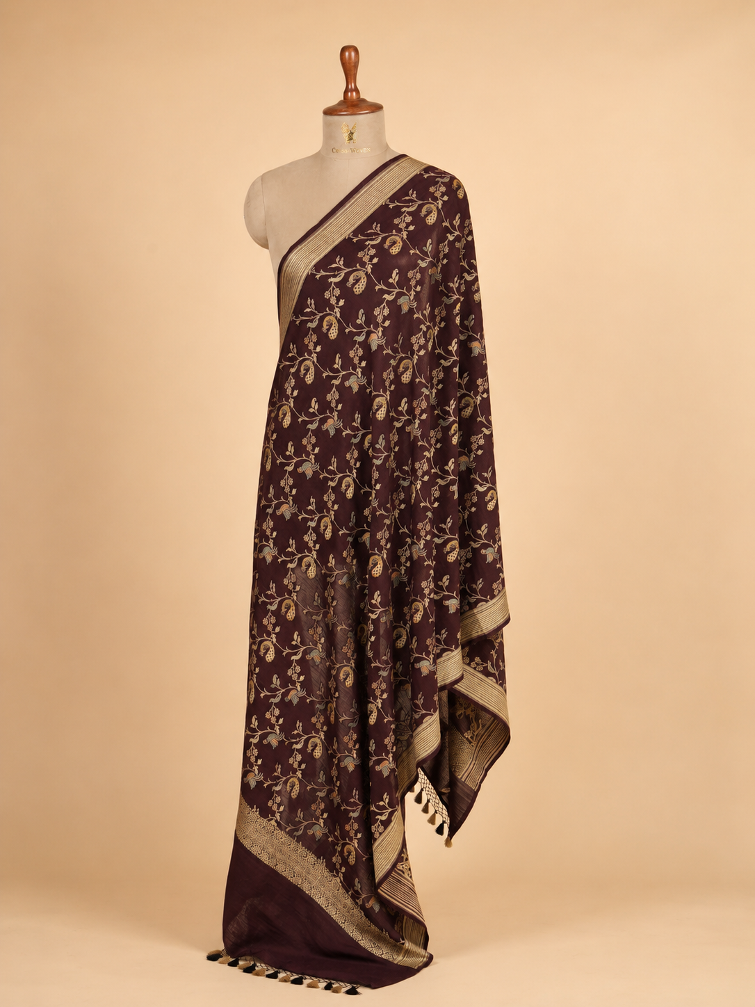 Hand Brush-Dyed Moonga Silk Dupatta with Floral Vine & Bird Motifs