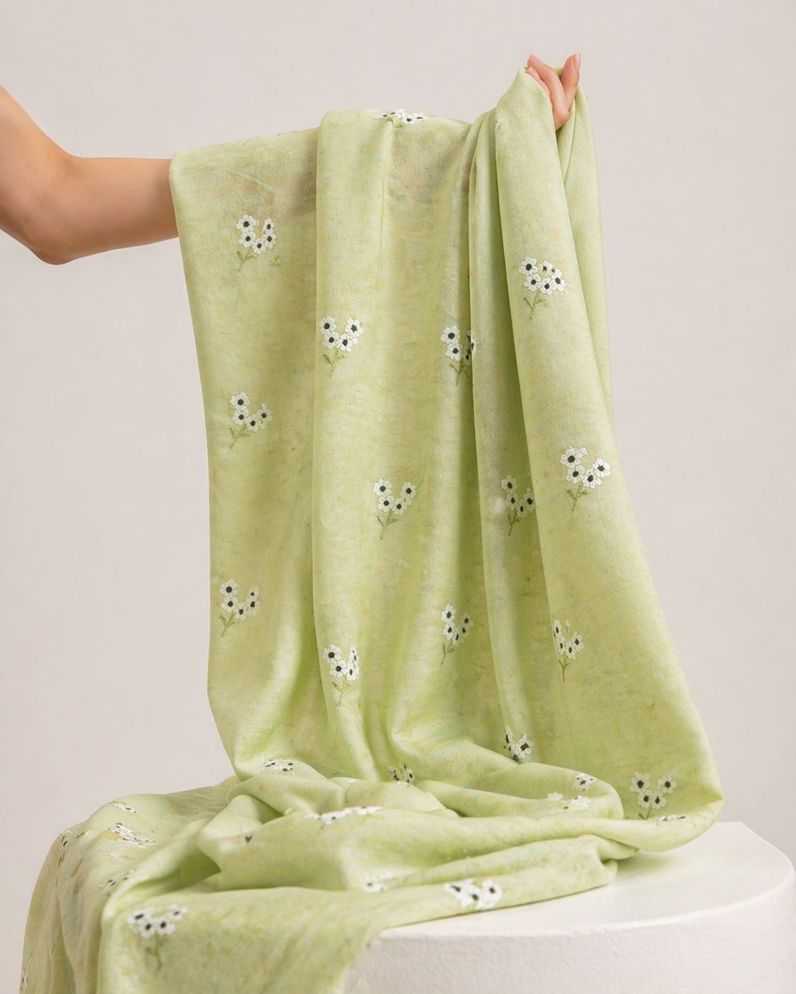 Lime Green Mul Fabric with Floral Embroidered Motif