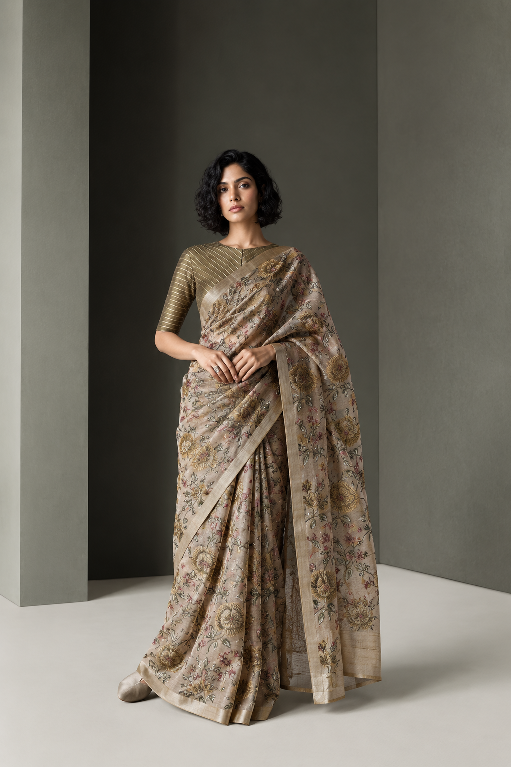 Beige Pure Tussar Natural Floral Embroidered Fabric