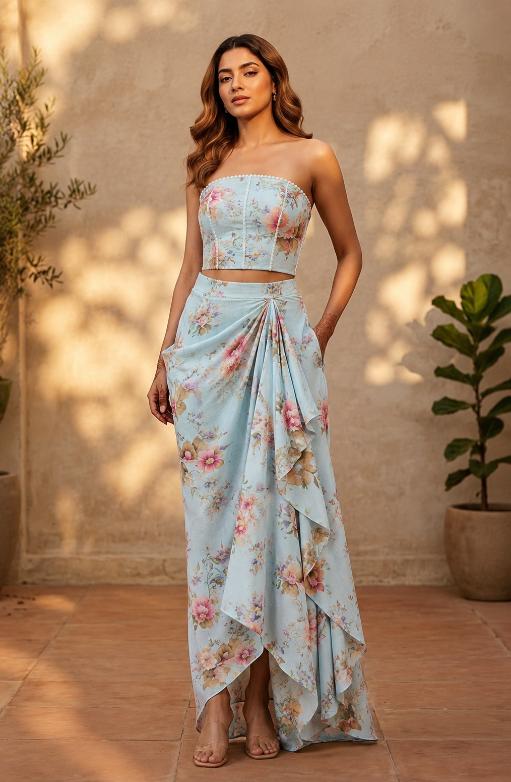 Pastel Blue Mul Floral Prints Fabric