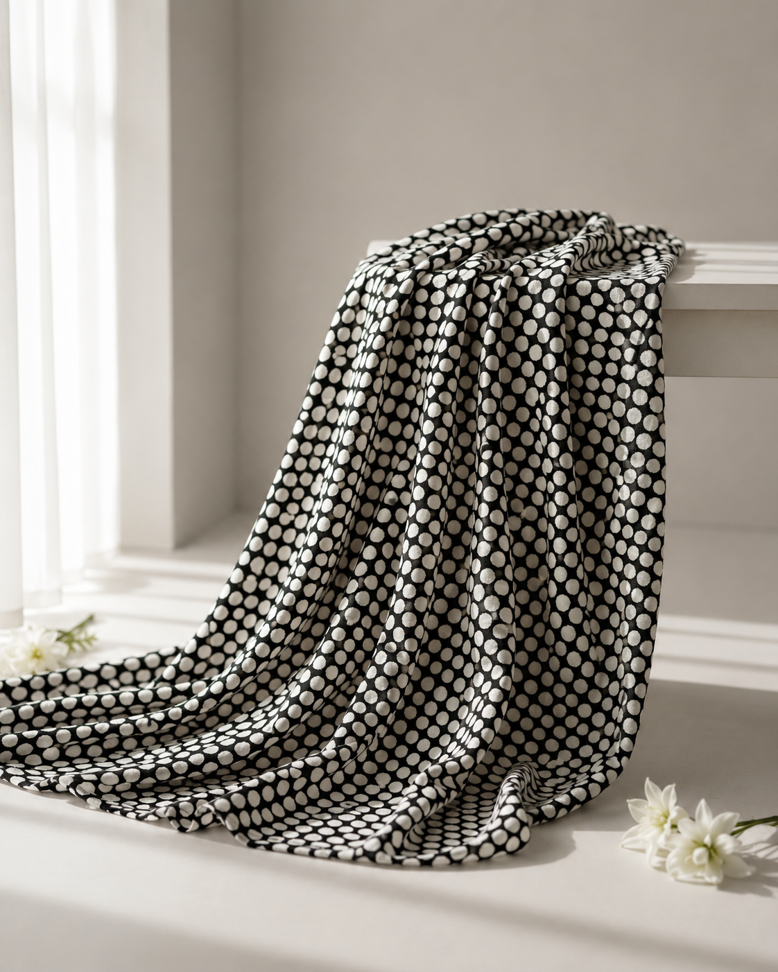 Pure Chanderi Silk Fabric With Black Hand Block Prints