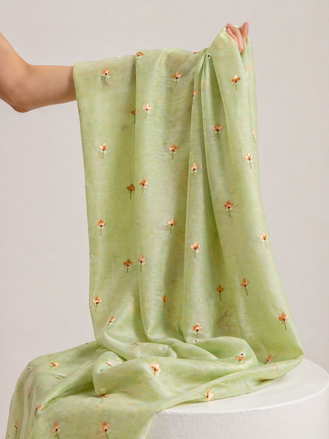 Light Green Mul Fabric With Embroidery